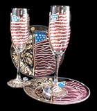 America's Flag Design - Hand Painted - Matching Set of Toasting Flutes - 6 oz. & 7 inch Cake Plates