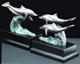Swimming Dolphins Bronzed Patina Finished Brass on Wood Bookends