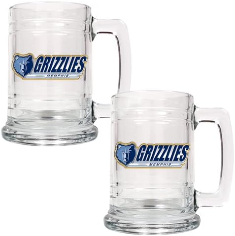 Great American Products NBA Memphis Grizzlies Team Logo 2pc Glass Tankard Set Gameroom Decor 15oz Glass Clear