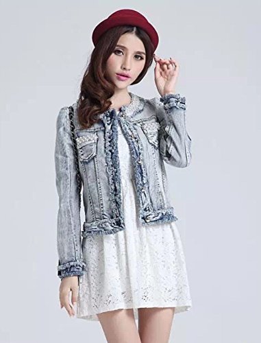 デニム ジャケット パール ビジュー カジュアル ライダース エレガント フレア レース シフォン ロング ブラウス  長袖  大きいサイズ  美脚 デート 2次会 パーティ セクシー 秋物 冬物 可愛いスカーフ付き m155