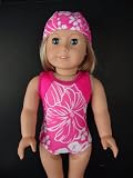 Pink One Piece Swim Suit in Pink with White Floral Design Complete with Towel and Swim Cap Designed for 18 Inch Doll Like the American Girl Dolls