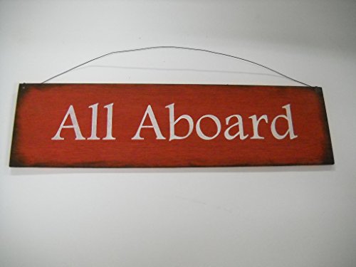 Red and White All Aboard Wooden Train Wall Art Sign Boys Bedroom Decor