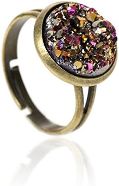 Antique Bronze Adjustable Imitation Resin Druzy Ring - AB Coated Pink Orange