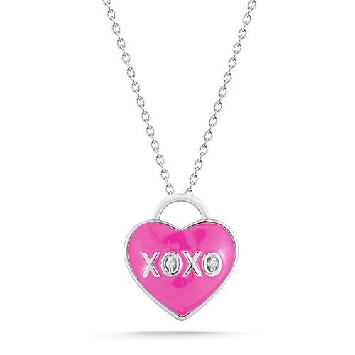 Sterling Silver Pink Enamel Heart XOXO with Diamond-Accent Pendant (0.01 cttw, I-J Color, I2-I3 Clarity), 18