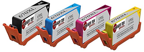 Laser Tek Services 4PK Compatible HP CZ117AL CZ118AL CZ119AL CZ120AL (HP 670XL) High Yield Inkjet Cartridges for the Deskjet Advantage 3525 e-AIO 4615 AIO 4625 e-AIO 5525 e-AIO 6525 e-AIO (1BK, 1C, 1M, 1Y)