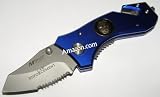 MTech Police Law Enforcement Rescue Tool Blue Pocket Knife with Seat Belt Cutter and Glass Breaker