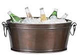 Round Antiqued Copper Finished Beverage Tub with Folding Wrought Iron Stand