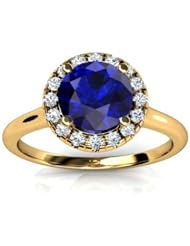 14KT Yellow Gold Gorgeous Halo Style Setting with a 6.5mm Round Cut Created Blue Sapphire in the Center. 1/10 CTW