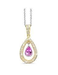 Twin Pear Shaped Diamond Pendant In 18K Yellow Gold With A 0.75 ct. Genuine pink-sapphire Center Stone.