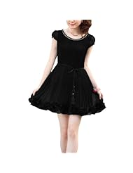 Round Neck Puff Sleeves Chiffon Pleated Stretchy Belted  Dress