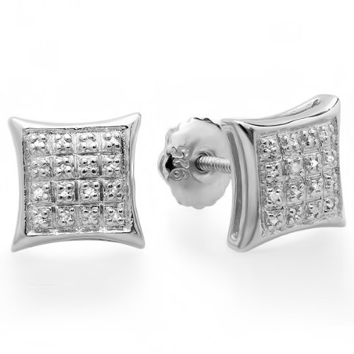 Platinum Plated Sterling Silver Real Diamond Kite Shape Mens Hip Hop Iced Stud Earrings 1/10 CT (0.10 Carat, I-J Color, I2-I3 Clarity)