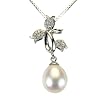 Tri-Tulip Cultured Pearl Drop Cubic Zirconia Platinum Overlay CAREFREE Sterling Silver Pendant Necklace