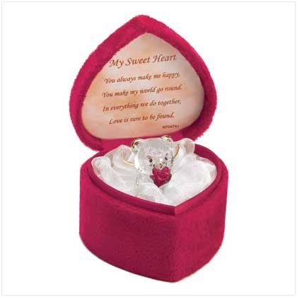 Gift Of Love Glass Bear In Velvet Heart Shaped Box