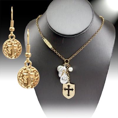 Womens Silver and Gold Cross Necklace Set -17" - 20" Long -Pendant (2.8" Long), Dangle Earings, Pearl Beads "Peace" Charm.