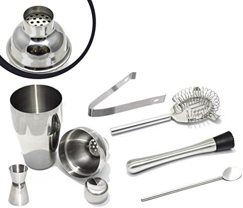 Stainless Steel Cocktail Shaker Set - 5pc Bar Set with FREE MUDDLER for limited time - Cocktail Shaker - Strainer - Jigger - Tongs - Bar Spoon (18.5 oz)