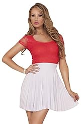 Short Sleeves Lace Pleated Flowy Polyester/Spandex Scoop Neck Two-Toned Party Dress/Mini Dress 