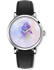 SPRAWL Aanalog Fashion Series Silver Ladies Watches of Genuine Black Leather Strap,Unique Wrist Watch for Women Girls Designed with Opaque purple flower background