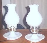 Vintage Pair of Two White Milk Glass Hobnail Lamps W/hurricane Lamp Shades
