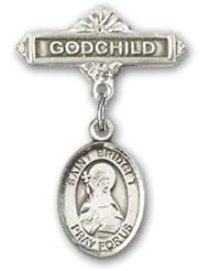 Sterling Silver Baby Badge with St. Bridget of Sweden Charm and Godchild Badge Pin