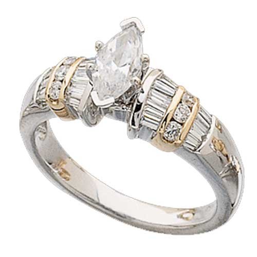 1 2 Ct.T.W. Baguette and Sparkling Round Cut Diamonds  14Kt. Two Tone Gold. Diamond Engagement Ring  Semi Mount Setting