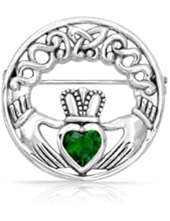 Bling Jewelry Sterling Silver Irish Celtic Claddagh Pin Emerald Color Heart CZ