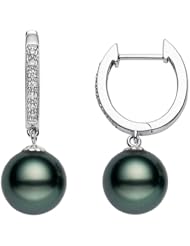 PremiumPearl 9-10mm AAA Quality Black Tahitian Pearl Earrings 14K Yellow Gold and 0.15CT Diamonds