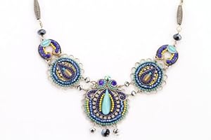 Adaya Exotic Looking Necklace Set with Round Links Set with Alpaca, Beaded Ornaments and Sparkling Swarovski Crystals; Designed by Israeli Artist Maya Rayten