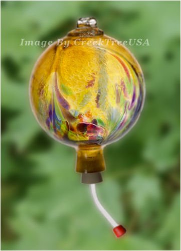 Kitras Art Glass - Art Nouveau Hand Blown Glass Hummingbird Feeder - Amber