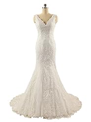 Sexy V-neck Applique Lace Mermaid Wedding Dress  with a Chapel Train 