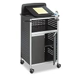 Safco Products - Safco - Scoot Multipurpose Lectern, 28-3/4w x 22d x 49-3/4h, Black/Silver - Sold As 1 Each - Fold down platform provides a flat surface for media needs. - Large open shelf beneath presentation surface plus enclosed storage area with adjustable shelf. - Two swivel cup holders. - Powder coated steel construction with durable laminate shelves. - Four easy-rolling casters for mobility; two lock for stability.