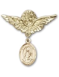 Gold Filled Baby Badge with St. Lucia of Syracuse Charm and Angel with Wings Badge Pin