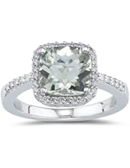 0.29 Ct Diamond & 3.47 Cts Green Quartz Ring in 14K White Gold