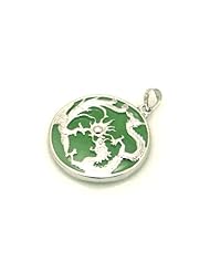 Natural Green Jade Oriental Chinese Designed Dragon and Phoenix .925 Sterling Silver Pendant Necklace with Rhodium Plated on delicate Italian sterling silver chain.