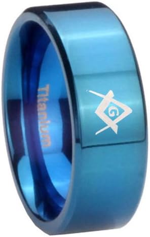8MM Blue IP Titanium Freemason Masonic Pipe Cut Men's Ring Size 8