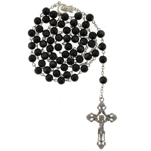 Black Fiber Optic Rosary - 8mm Bead - Virgen Mary Centerpiece - Ornate Crucifix - 31'' Necklace, 22'' Overall Length