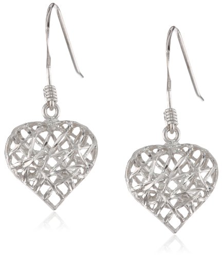 Sterling Silver Heart  Dangle Earrings Diamond Cut Rhodium plated