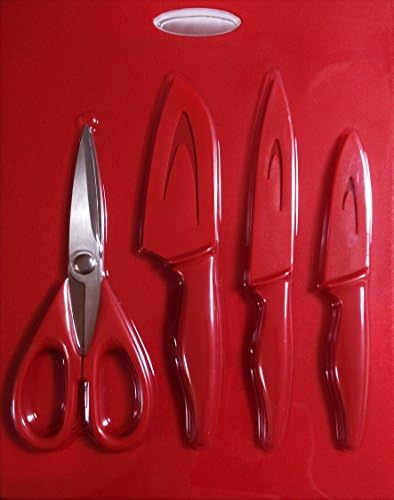 Denisse Oller 5 Piece Cutlery Set Includes 5" Serrated Utility 4.5" Santoku Knife 3.5" Paring Knife All Covered with Sheths a Cutting Board and Shears