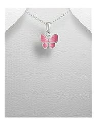 Butterfly Colored Enamel Pendant Necklace In 92.5 Sterling Silver