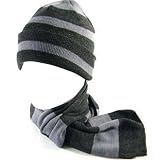 WINTER SKI SKATE KNIT STRIPE HAT BEANIE SCARF SET * BLACK * Medium - Large