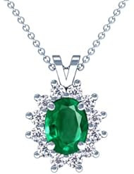 18K White Gold Oval Cut Emerald And Round Diamond Pendant