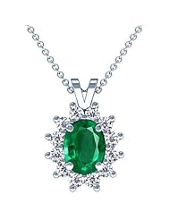 14K White Gold Oval Cut Emerald And Round Diamond Pendant
