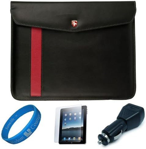 Black Executive Diplomat Leatherware Envelope Carrying Case for Apple iPad 4 / New iPad 3rd Gen / iPad 1 and 2 (16GB 32GB 64GB) compatible with iPad 2 + Clear Anti Gloss Screen Protector + Black Car Charger + SumacLife Wisdom Courage Wristband