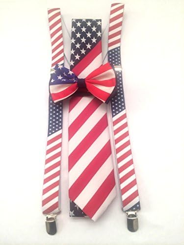 Men's Unisex PATRIOTIC USA FLAG Suspenders And Matching Bow tie Set - Adjustable