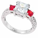 Filigree Medieval Princess Cut Simulated Diamond CZ /Red CZ Silver Ring