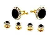 Yellow gold plated cufflinks and shirt stud set with enamel and crystal accents with presentation box. Made in the U.S.A