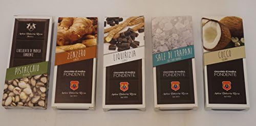 Antica Dolceria Rizza: Modica Chocolate, Set of 5 Different Flavors (Coconut, Ginger, Licorice, Pistachio, Salt from Trapani) [ Italian Import ]