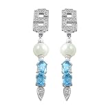 Blue Topaz, Freshwater Pearl & 0.45 Cttw Diamond 14 Kt White Gold Earrings