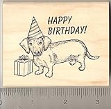 Happy Birthday Dachshund Dog Rubber Stamp - Wood Mounted
