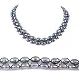 Double Strand 17-18 Inches 7-8mm Black Oval Shape Freshwater Cultured Pearl Necklace