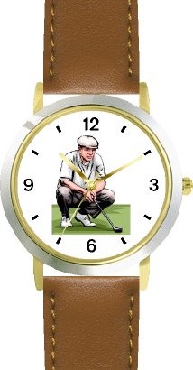 Golfer Kneeling Sizing up the Putt - Golf Theme - WATCHBUDDY® DELUXE TWO-TONE THEME WATCH - Arabic Numbers - Brown Leather Strap-Size-Large ( Men